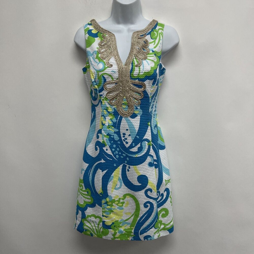 Lilly Pulitzer Women's Dress‎ Size 00 White Green Blue Gold Sleeveless